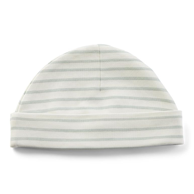 Pehr Stripes Away Sea Beanie Hat. Organic cotton. White beanie with light blue stripes.