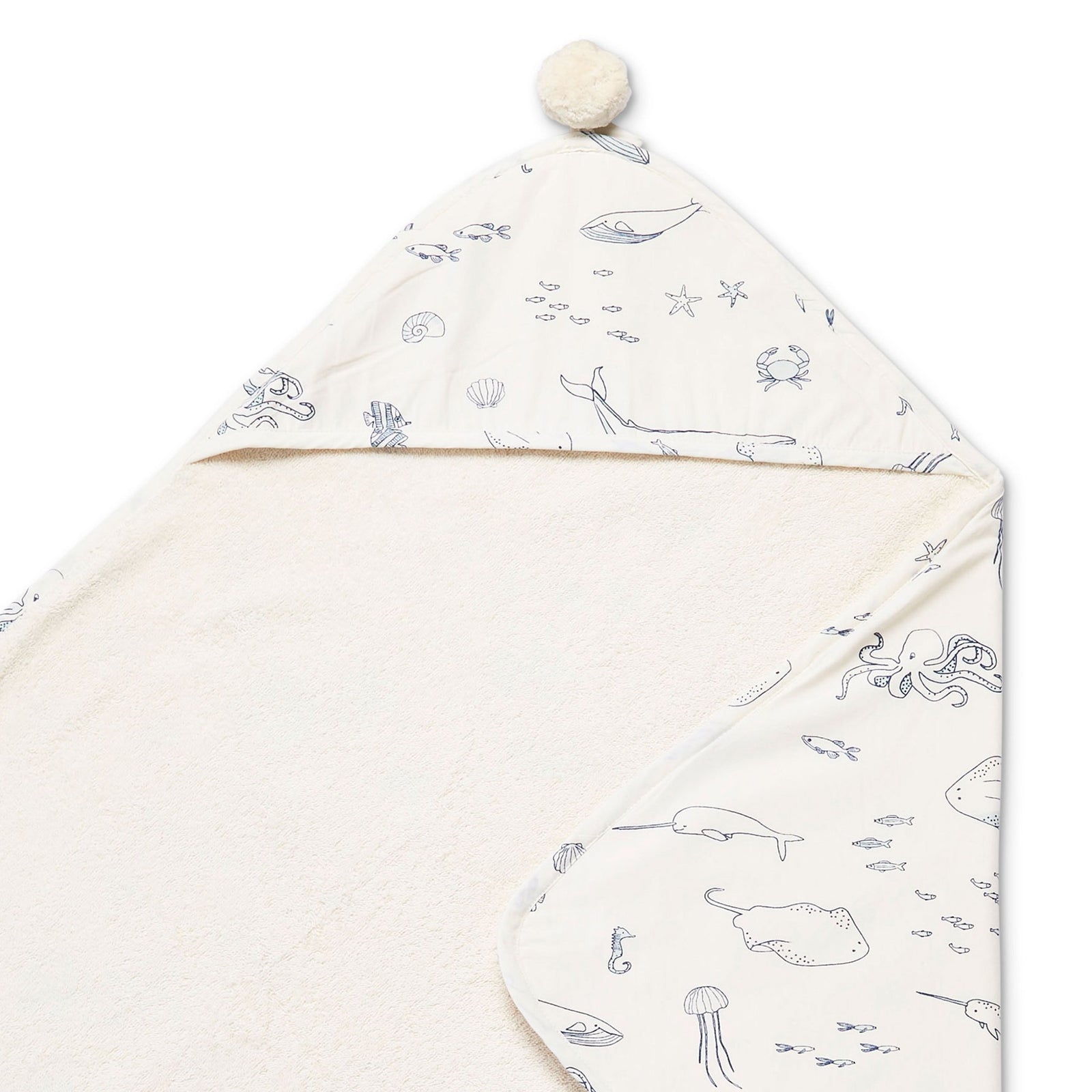 Pehr Life Aquatic Hood Towel. Hand printed. Cotton. White with blue sea creatures, terry cloth inside.