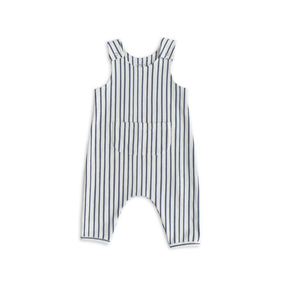 Pehr Stripes Away Ink Blue Overall. GOTS Certified Organic Cotton & Dyes. White with dark blue stripes and front pocket.
