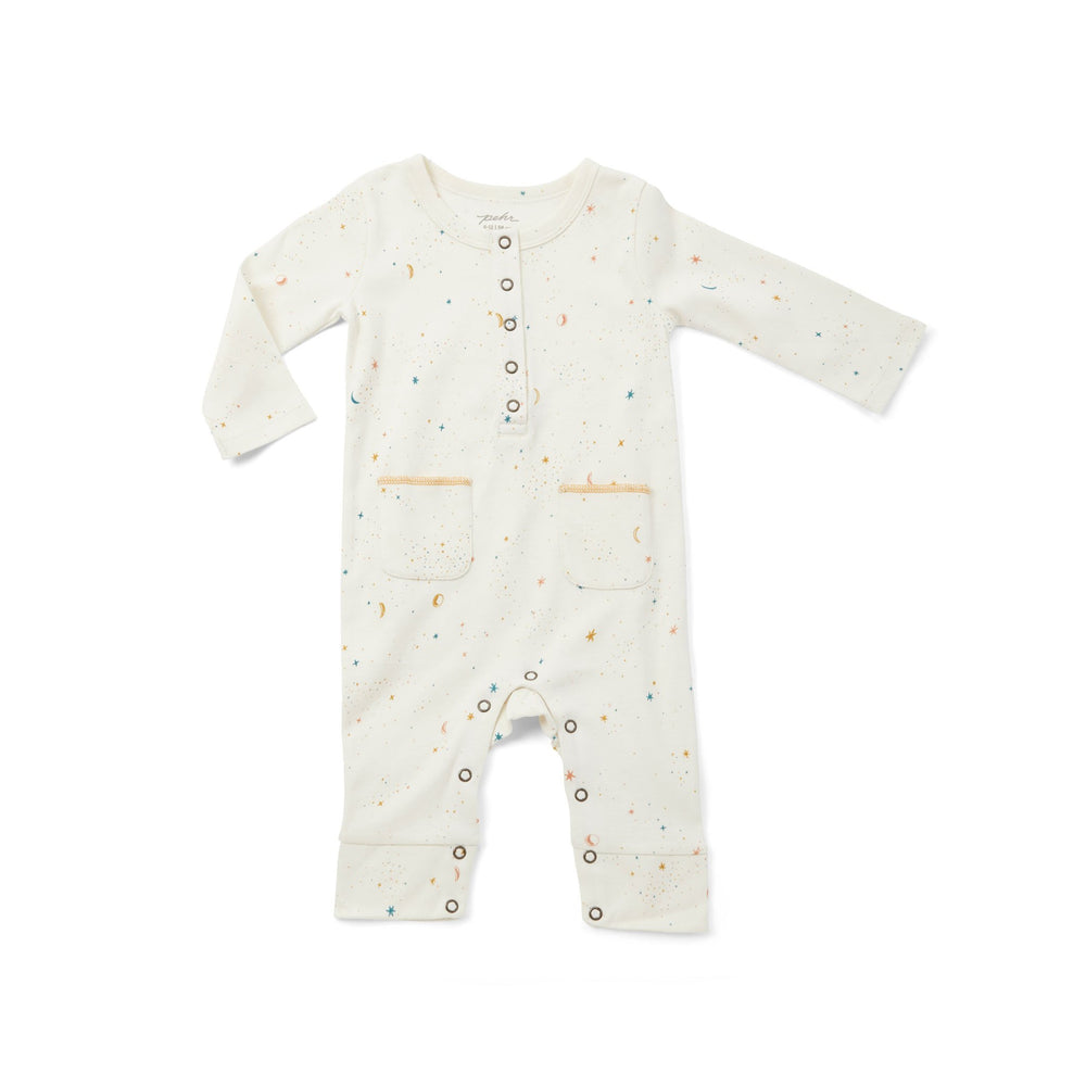 Pehr Long Sleeve Celestial Romper. Certified organic cotton. White with stars and ruffles on the collar.