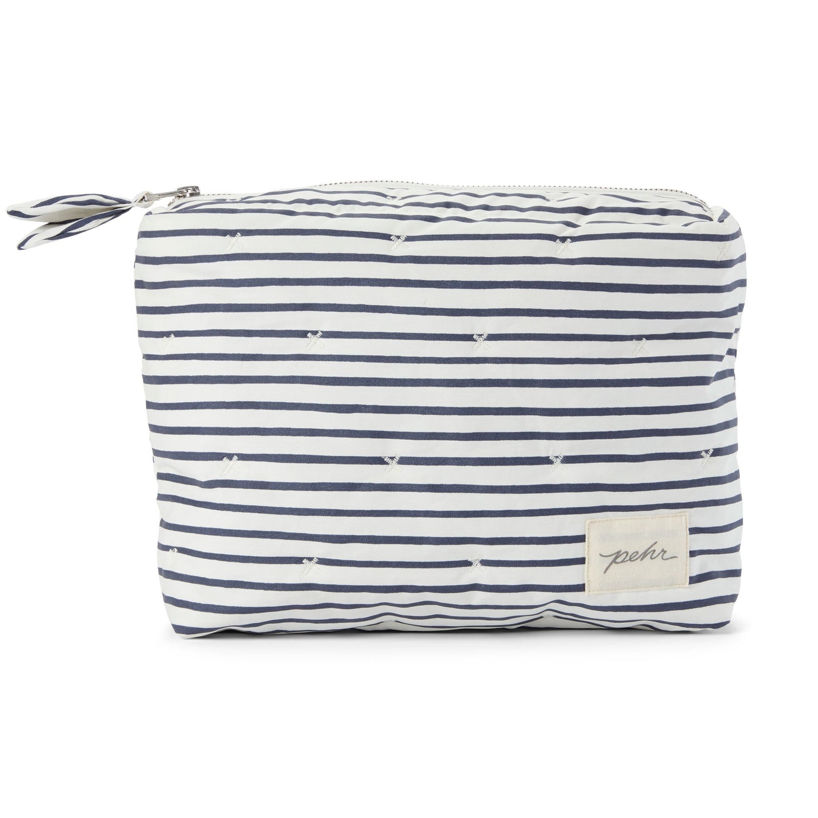 Pehr Ink Blue Organic On The Go Travel Pouch. GOTS Certified Organic Cotton & Dyes. White with dark blue stripes and zippered close.