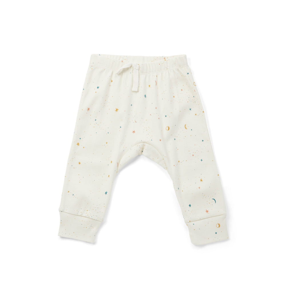 Pehr Celestial Organic Harem Pant. GOTS Certified Organic Cotton & Dyes. White with celestial pattern.