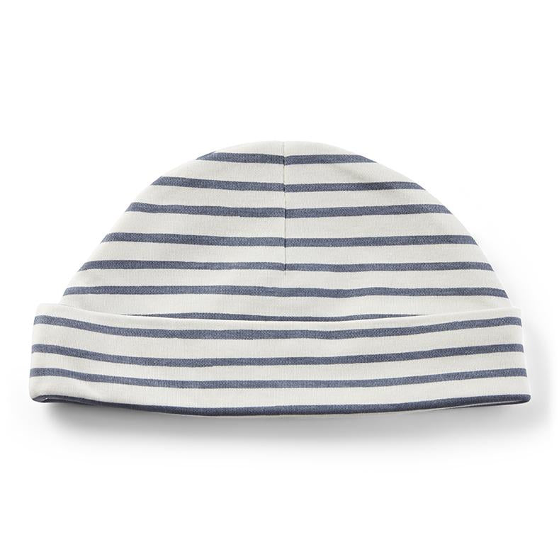 Pehr Stripes Away Ink Blue Beanie Hat. Organic cotton. White beanie with dark blue stripes.