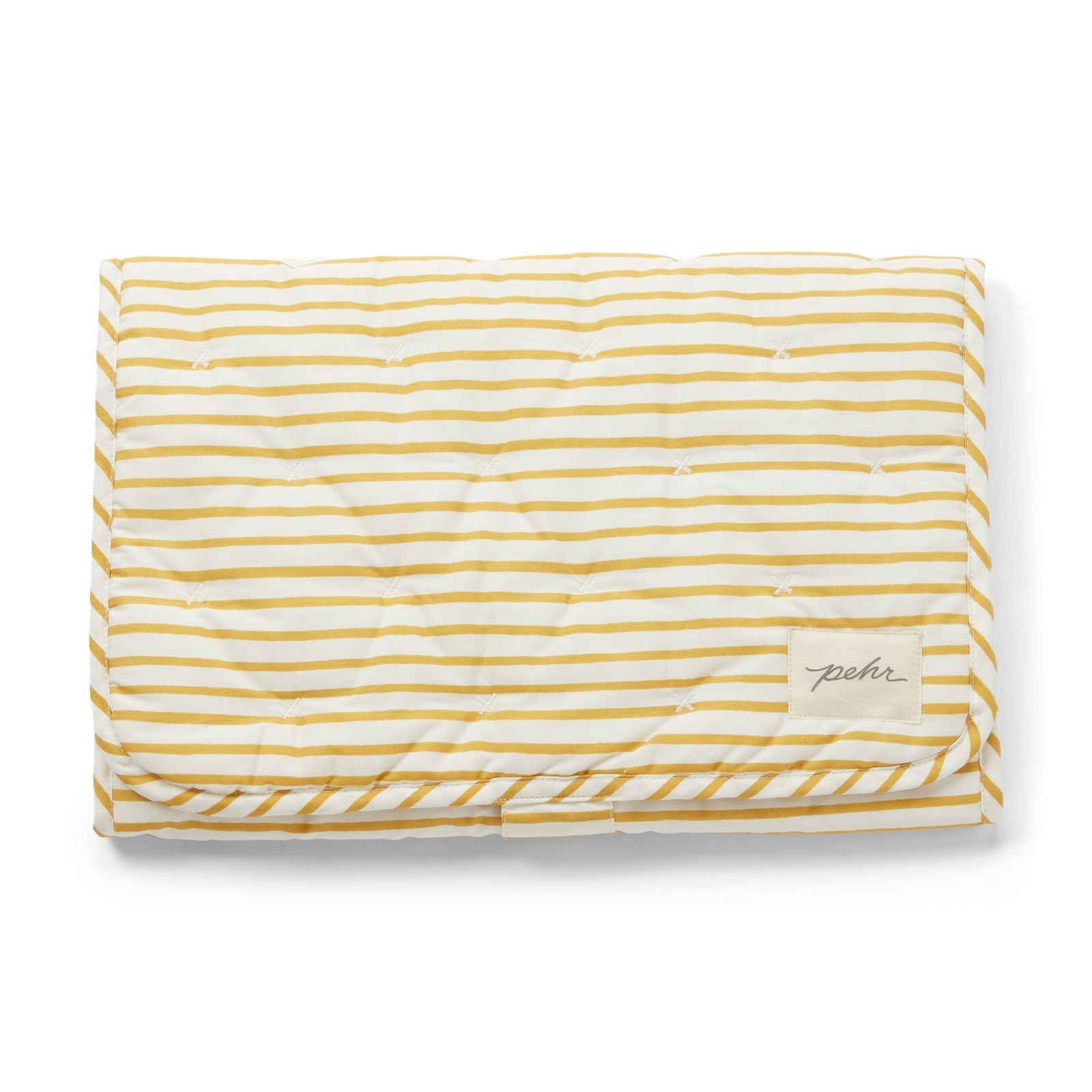 Pehr Marigold Organic On The Go Travel Change Pad folded. GOTS Certified Organic Cotton & Dyes. White with gold stripes.