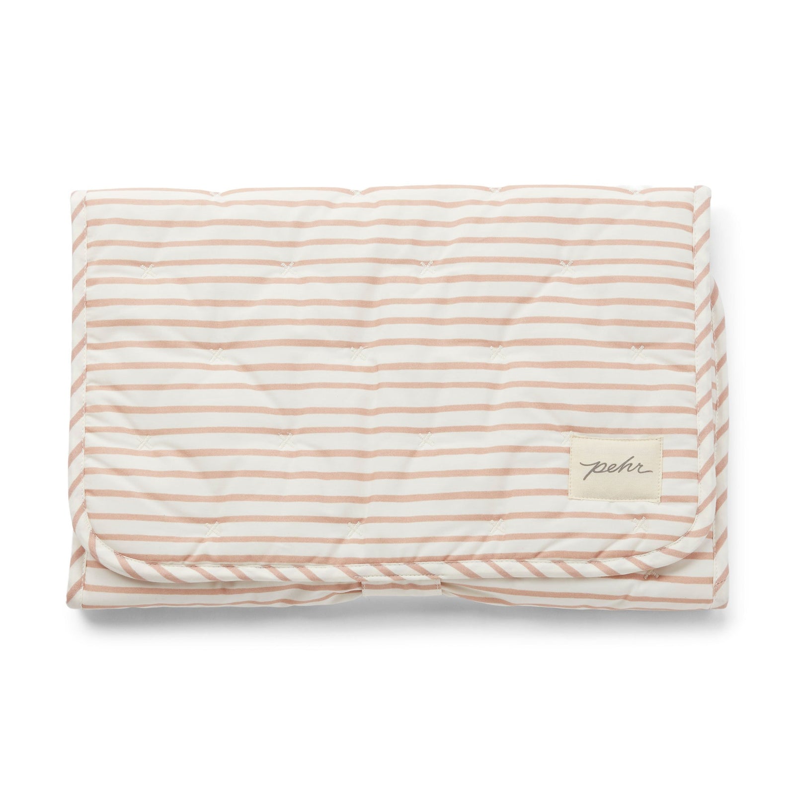 Pehr Rose Pink Organic On The Go Travel Change Pad folded. GOTS Certified Organic Cotton & Dyes. White with pink stripes.